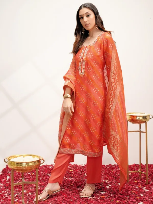 Vishudh Women Orange Embroidered Kurta With Trouser And Dupatta