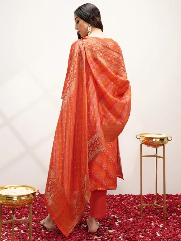 Vishudh Women Orange Embroidered Kurta With Trouser And Dupatta