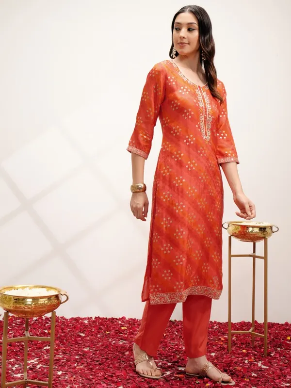 Vishudh Women Orange Embroidered Kurta With Trouser And Dupatta