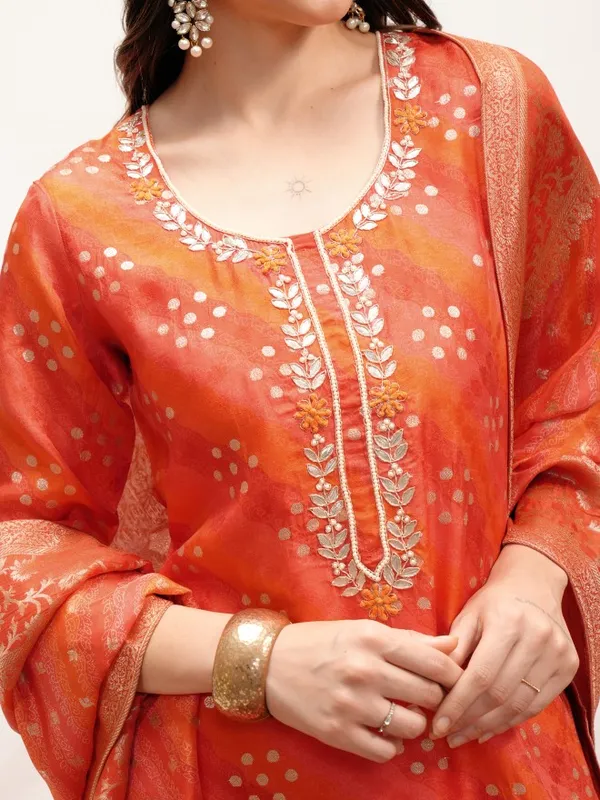 Vishudh Women Orange Embroidered Kurta With Trouser And Dupatta