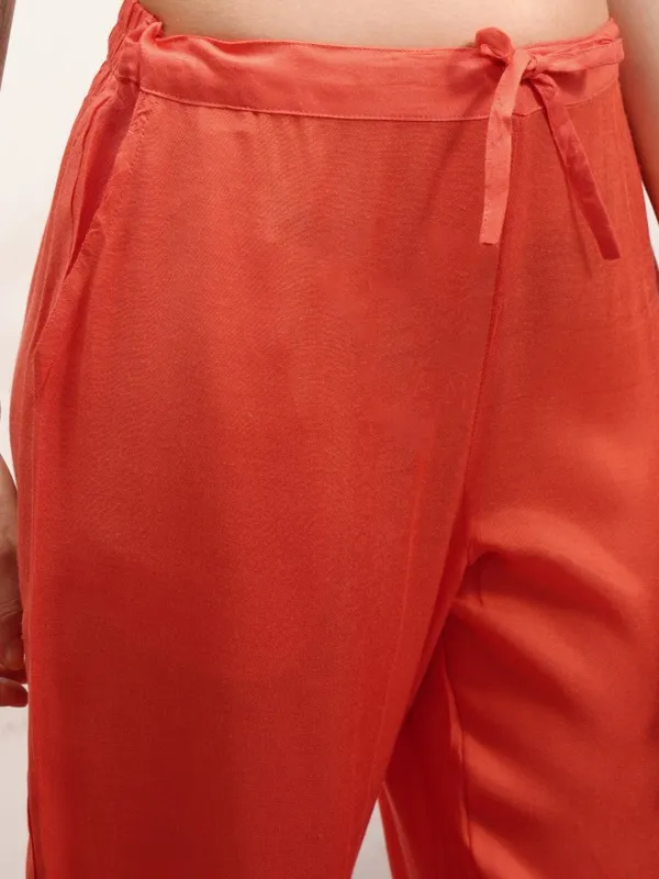 Vishudh Women Orange Embroidered Kurta With Trouser And Dupatta