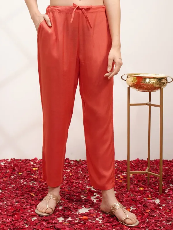 Vishudh Women Orange Embroidered Kurta With Trouser And Dupatta