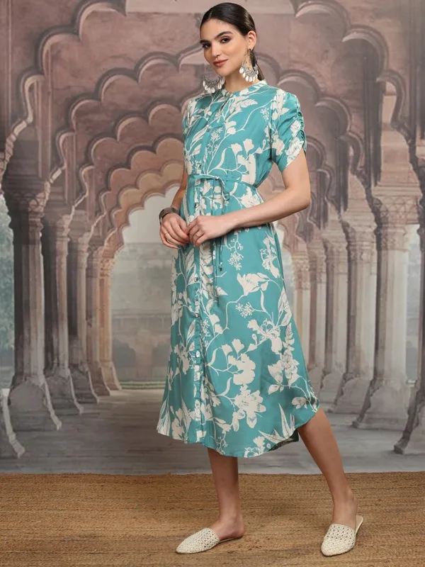 Vishudh Women Teal Printed Maxi Dress