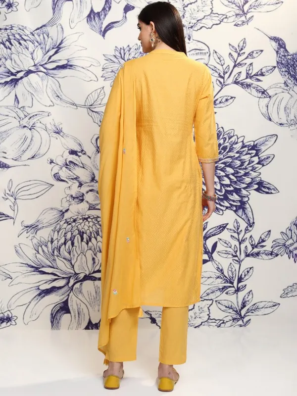 Vishudh Women Mustard Embroidered Kurta With Trouser And Dupatta