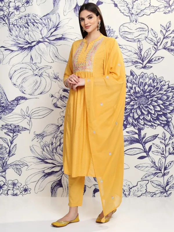 Vishudh Women Mustard Embroidered Kurta With Trouser And Dupatta