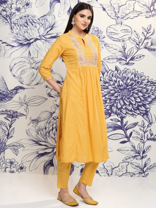 Vishudh Women Mustard Embroidered Kurta With Trouser And Dupatta