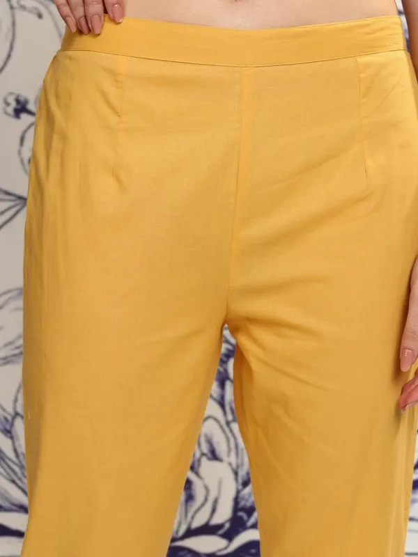 Vishudh Women Mustard Embroidered Kurta With Trouser And Dupatta