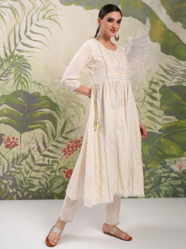Vishudh Women Cream Embroidered Kurta With Trouser And Dupatta