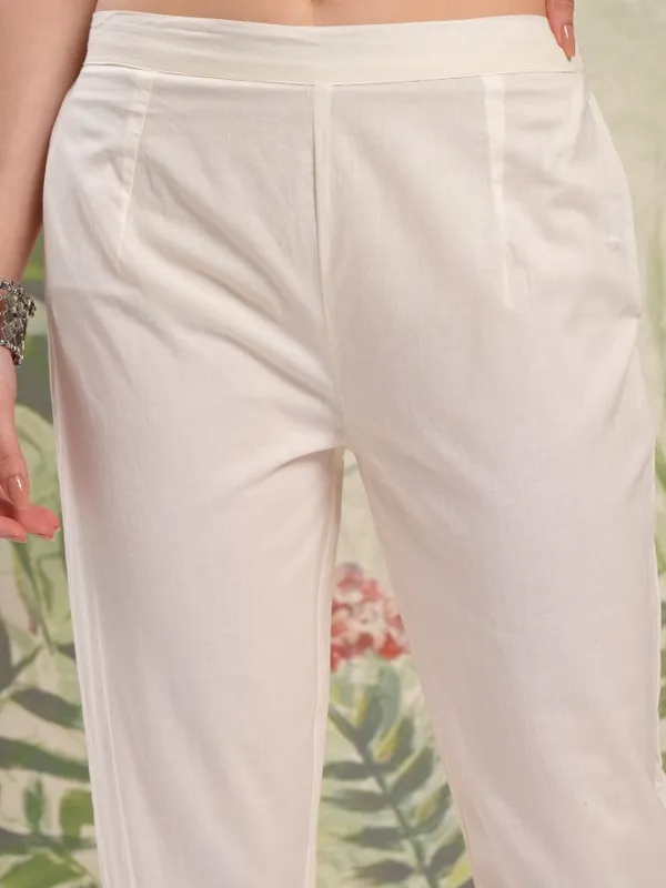 Vishudh Women Cream Embroidered Kurta With Trouser And Dupatta