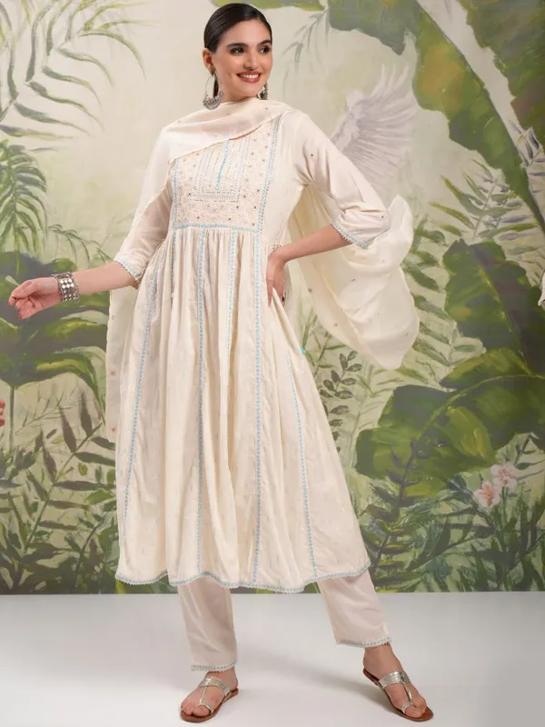 Vishudh Women Cream Embroidered Kurta With Trouser And Dupatta