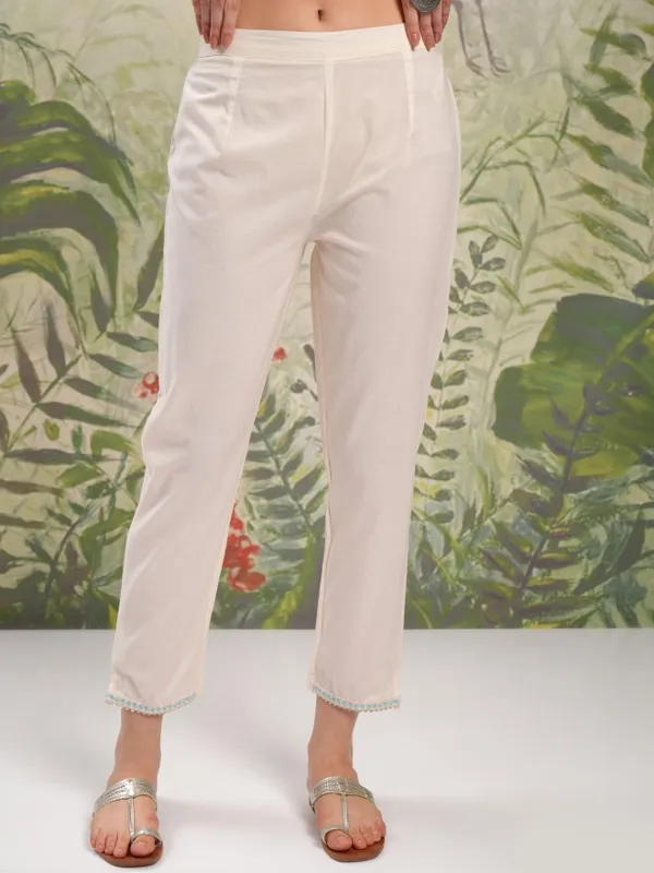 Vishudh Women Cream Embroidered Kurta With Trouser And Dupatta