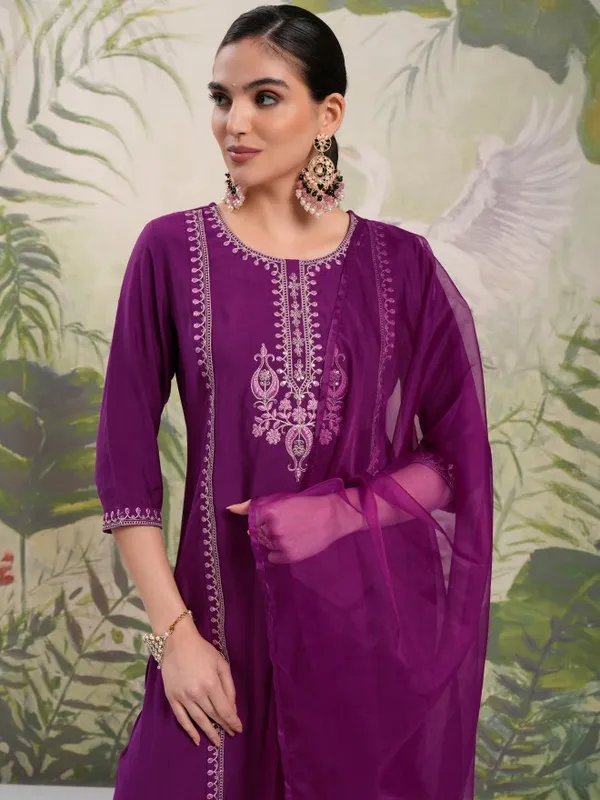 Vishudh Women Purple Embroidered Kurta With Trouser And Dupatta