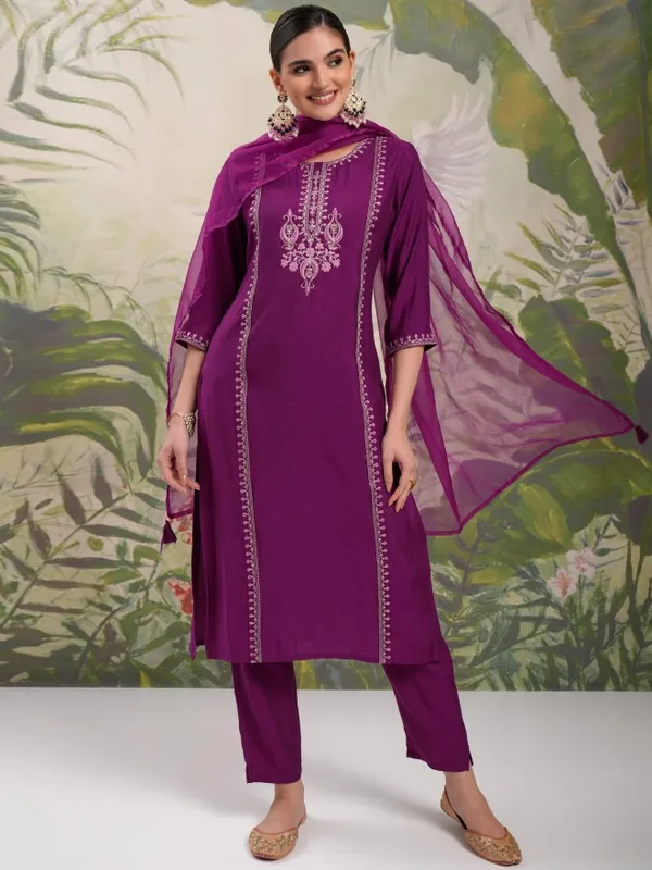Vishudh Women Purple Embroidered Kurta With Trouser And Dupatta