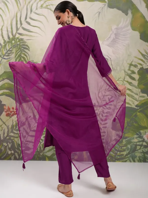 Vishudh Women Purple Embroidered Kurta With Trouser And Dupatta