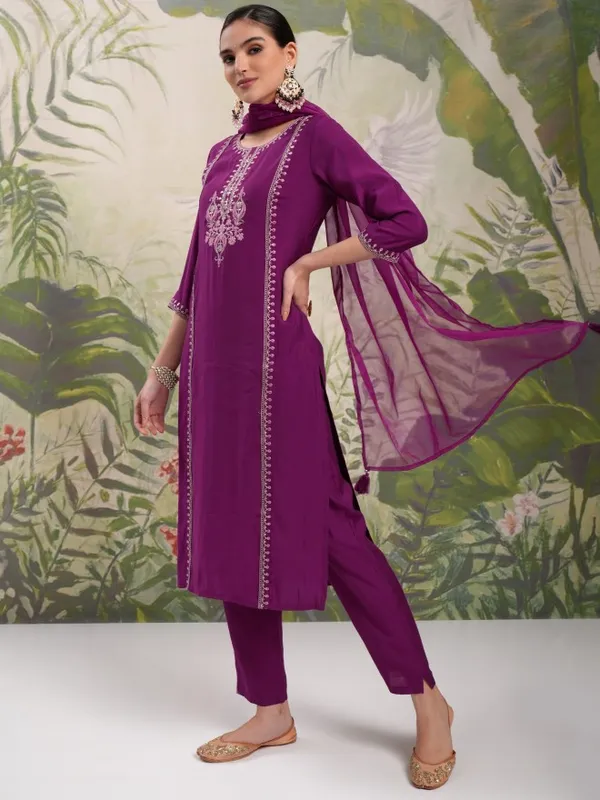 Vishudh Women Purple Embroidered Kurta With Trouser And Dupatta