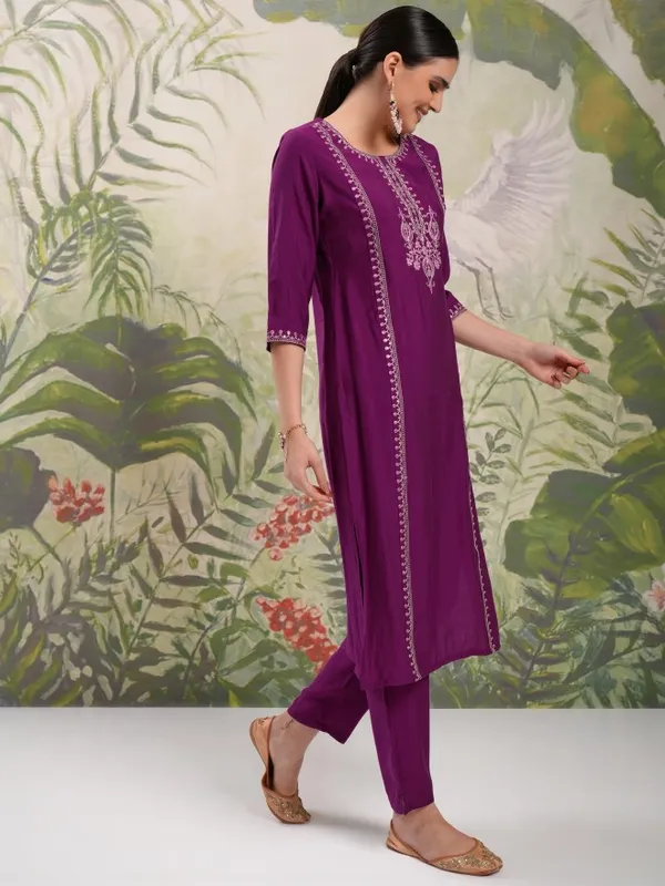 Vishudh Women Purple Embroidered Kurta With Trouser And Dupatta