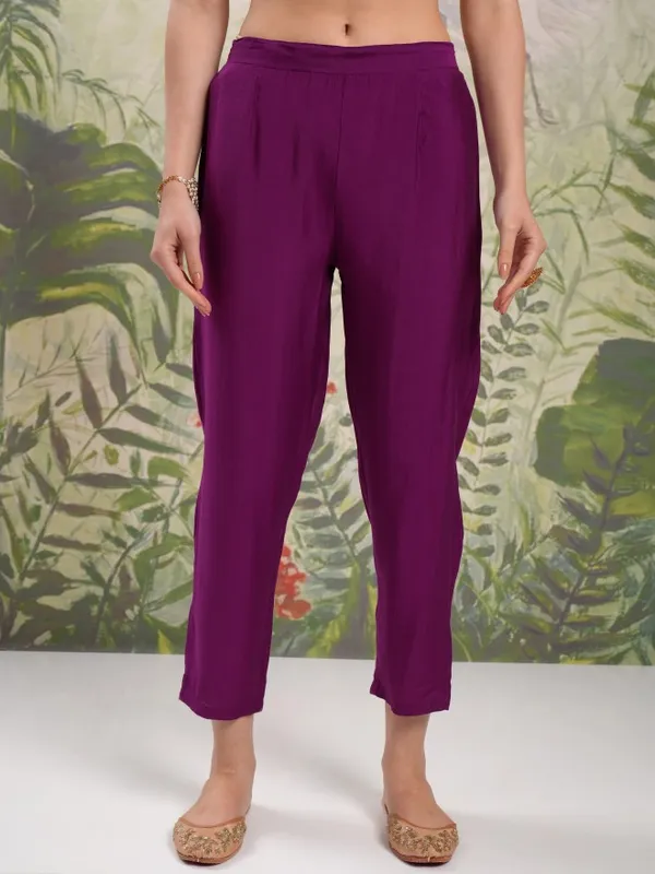 Vishudh Women Purple Embroidered Kurta With Trouser And Dupatta