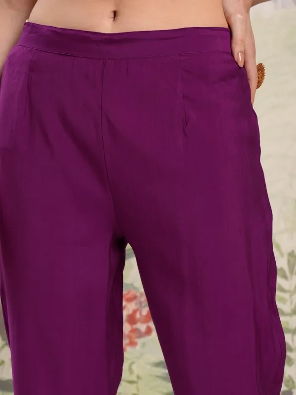 Vishudh Women Purple Embroidered Kurta With Trouser And Dupatta