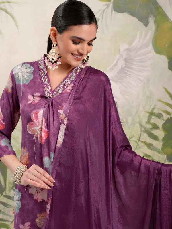Vishudh Women Purple Printed Kurta With Trouser And Dupatta