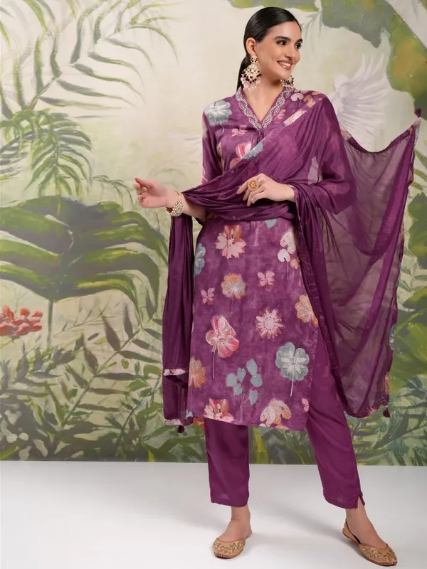 Vishudh Women Purple Printed Kurta With Trouser And Dupatta