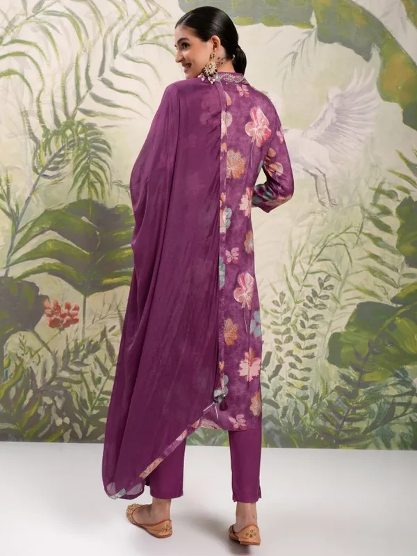 Vishudh Women Purple Printed Kurta With Trouser And Dupatta