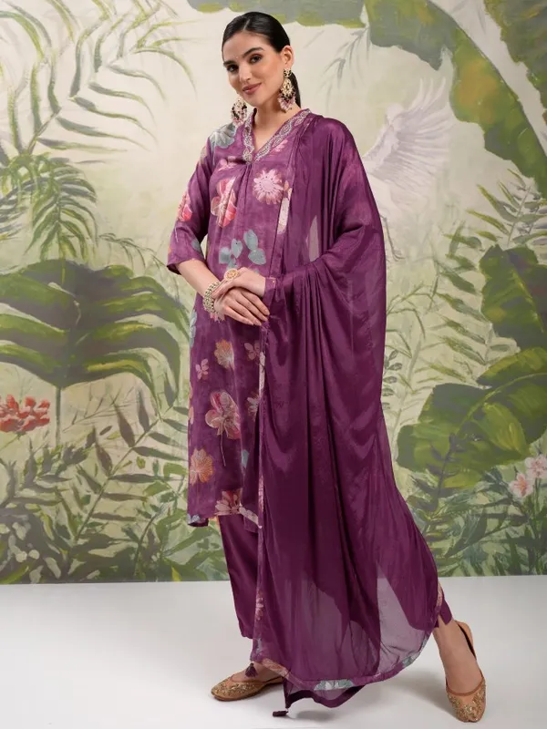 Vishudh Women Purple Printed Kurta With Trouser And Dupatta