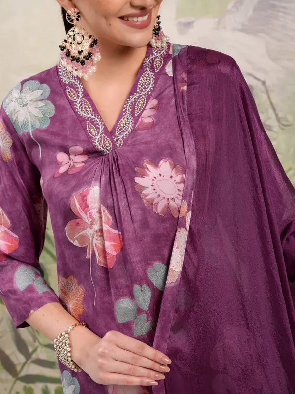 Vishudh Women Purple Printed Kurta With Trouser And Dupatta