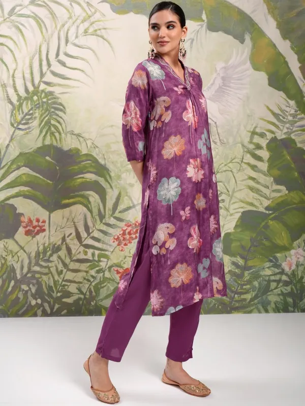 Vishudh Women Purple Printed Kurta With Trouser And Dupatta