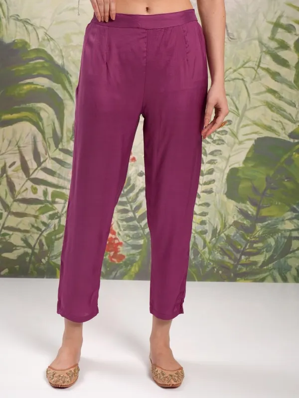 Vishudh Women Purple Printed Kurta With Trouser And Dupatta