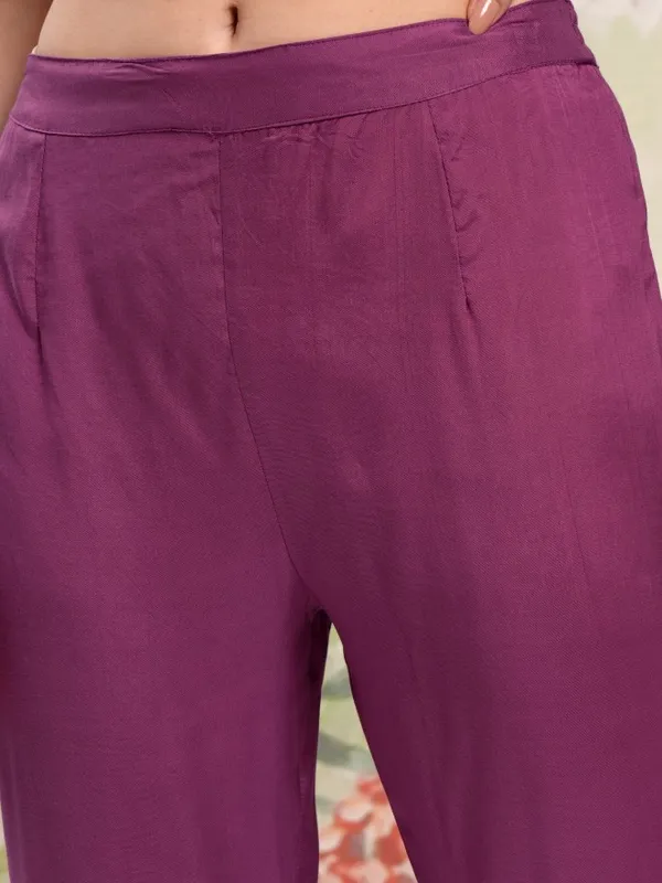 Vishudh Women Purple Printed Kurta With Trouser And Dupatta