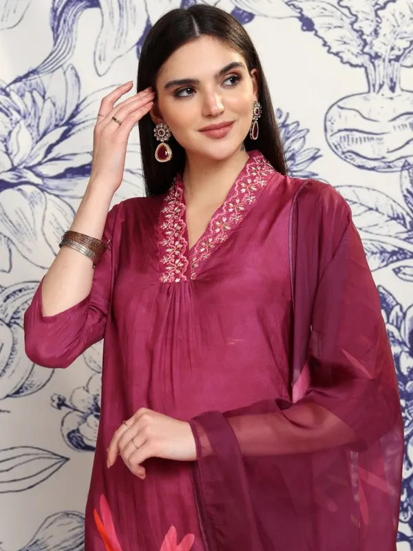 Vishudh Women Burgundy Printed Kurta With Trouser And Dupatta