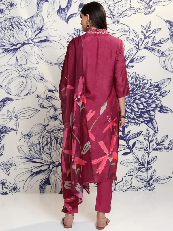 Vishudh Women Burgundy Printed Kurta With Trouser And Dupatta
