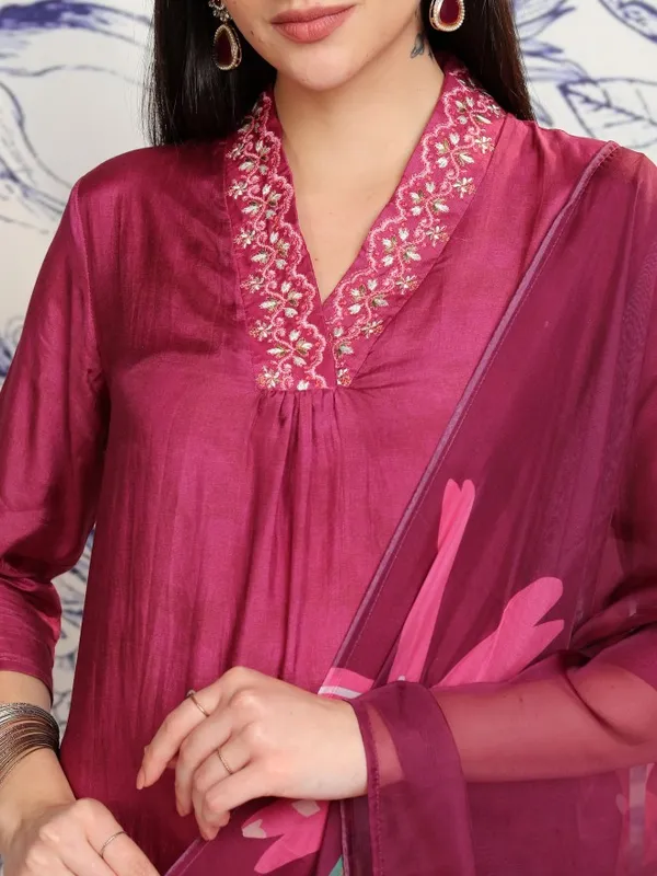 Vishudh Women Burgundy Printed Kurta With Trouser And Dupatta