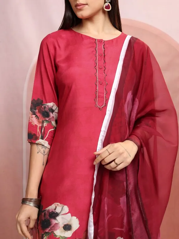 Vishudh Women Red Printed Kurta With Trouser And Dupatta
