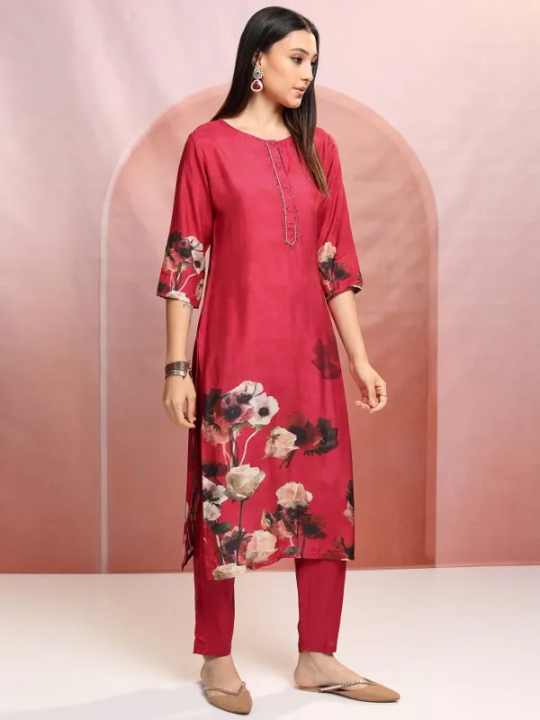 Vishudh Women Red Printed Kurta With Trouser And Dupatta