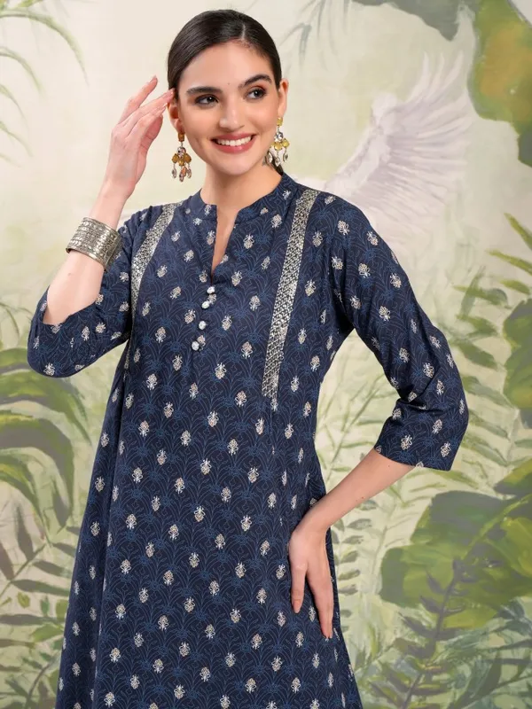 Vishudh Women Navy Blue Printed A-Line Kurta