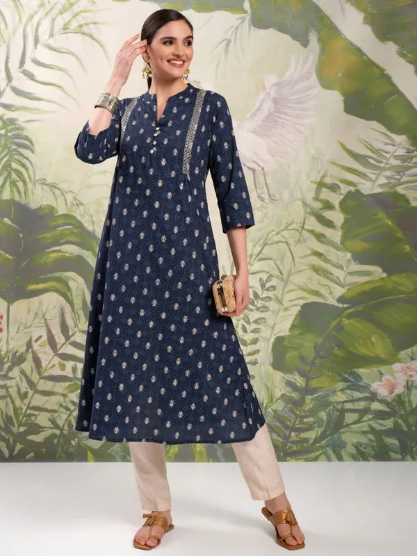 Vishudh Women Navy Blue Printed A-Line Kurta