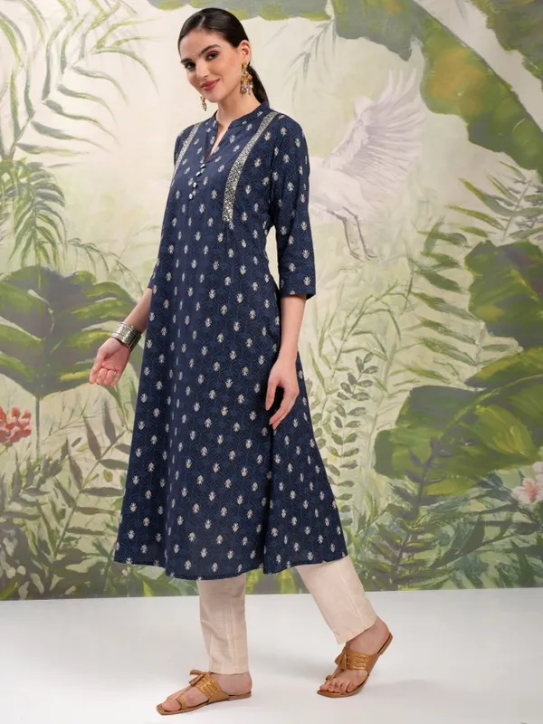 Vishudh Women Navy Blue Printed A-Line Kurta