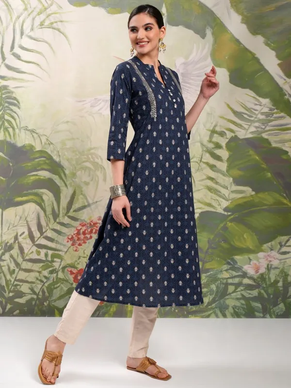 Vishudh Women Navy Blue Printed A-Line Kurta