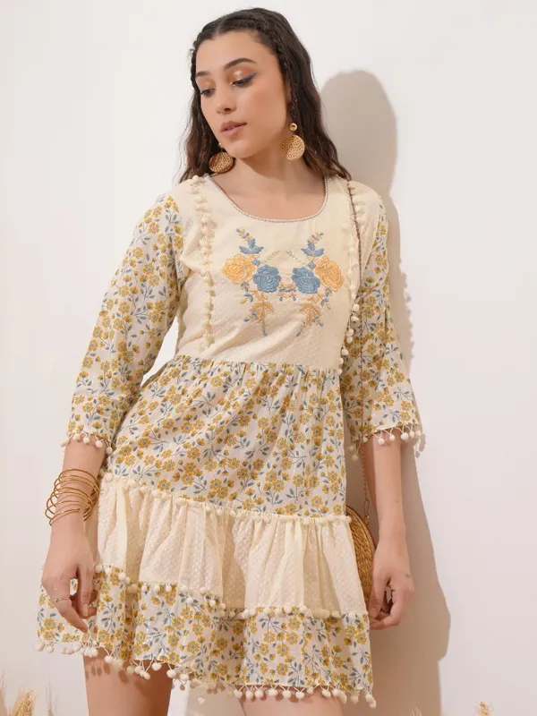 Vishudh women Cream Embroidered Fit And Flare Dress