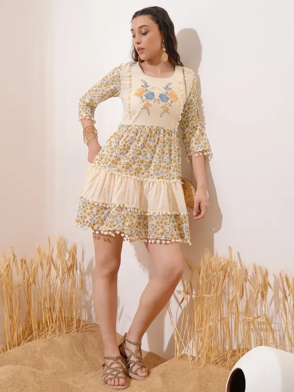 Vishudh women Cream Embroidered Fit And Flare Dress