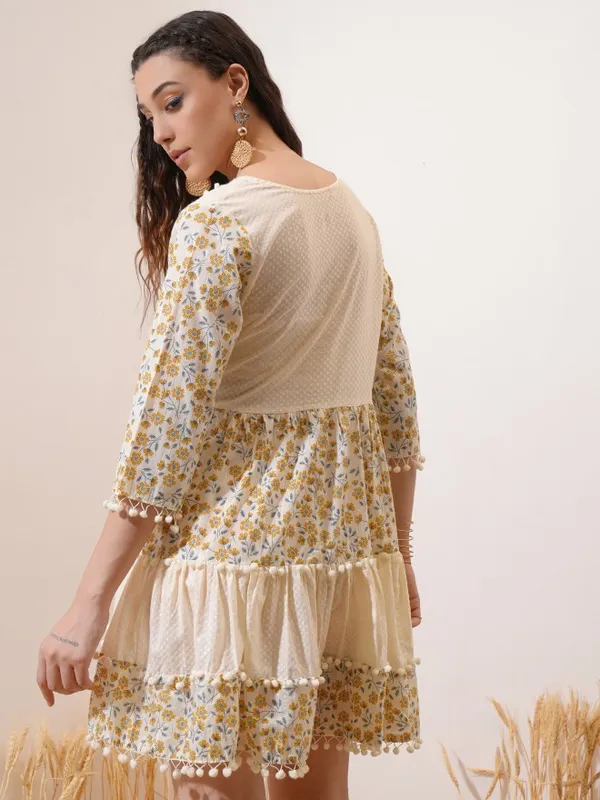 Vishudh women Cream Embroidered Fit And Flare Dress