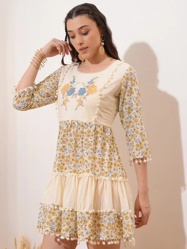 Vishudh women Cream Embroidered Fit And Flare Dress