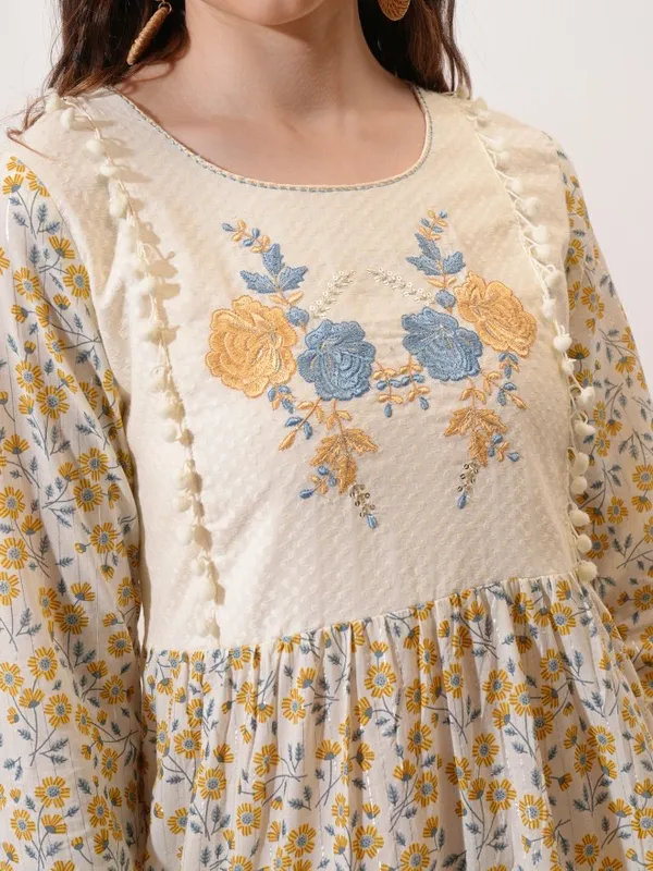 Vishudh women Cream Embroidered Fit And Flare Dress