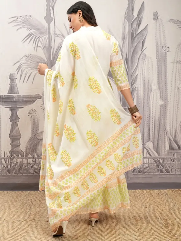 Vishudh Women White Printed Kurta With Trousers And Dupatta