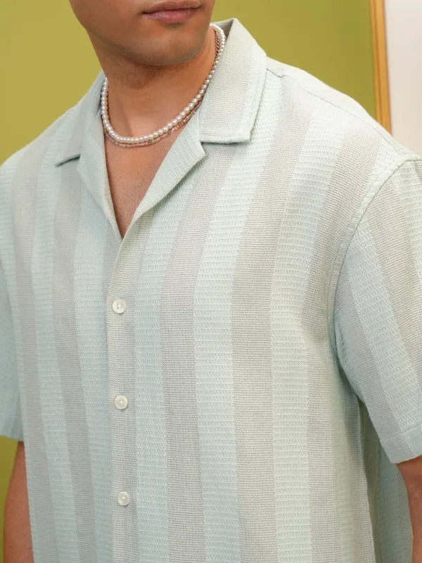 Locomotive Premium Men Green Striped Oversized Fit Casual Shirt