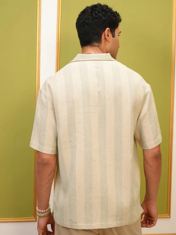 Locomotive Premium Men Beige Striped Oversized Fit Casual Shirt