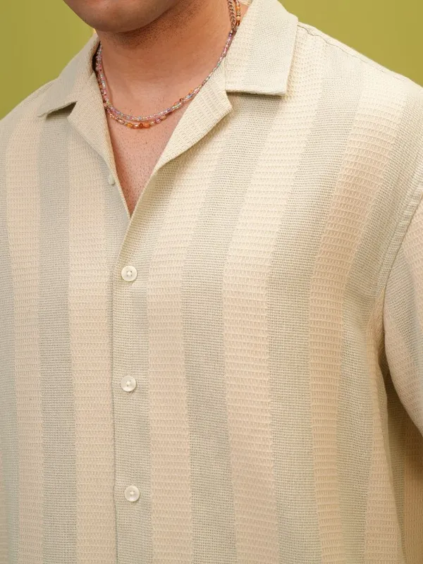 Locomotive Premium Men Beige Striped Oversized Fit Casual Shirt