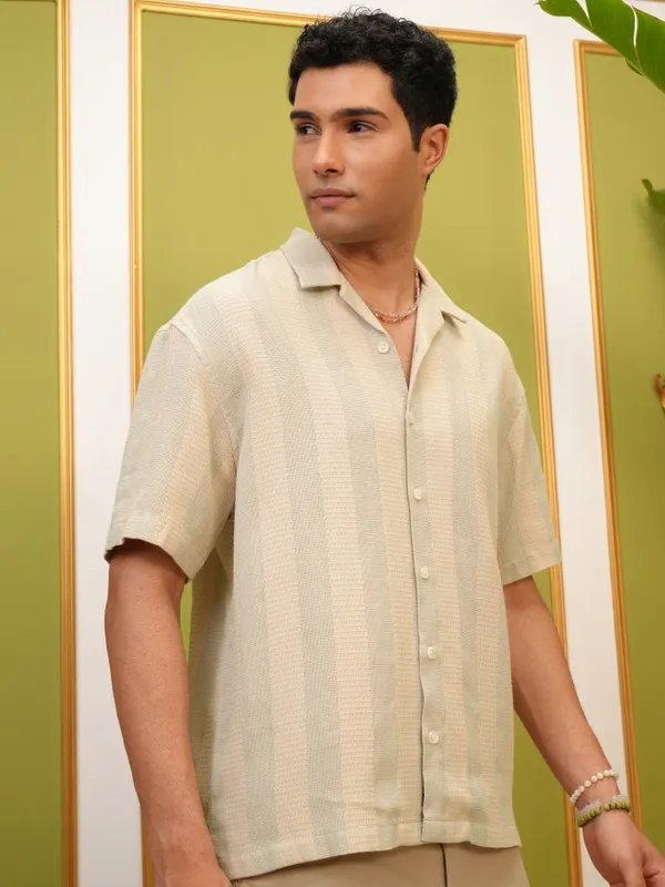 Locomotive Premium Men Beige Striped Oversized Fit Casual Shirt
