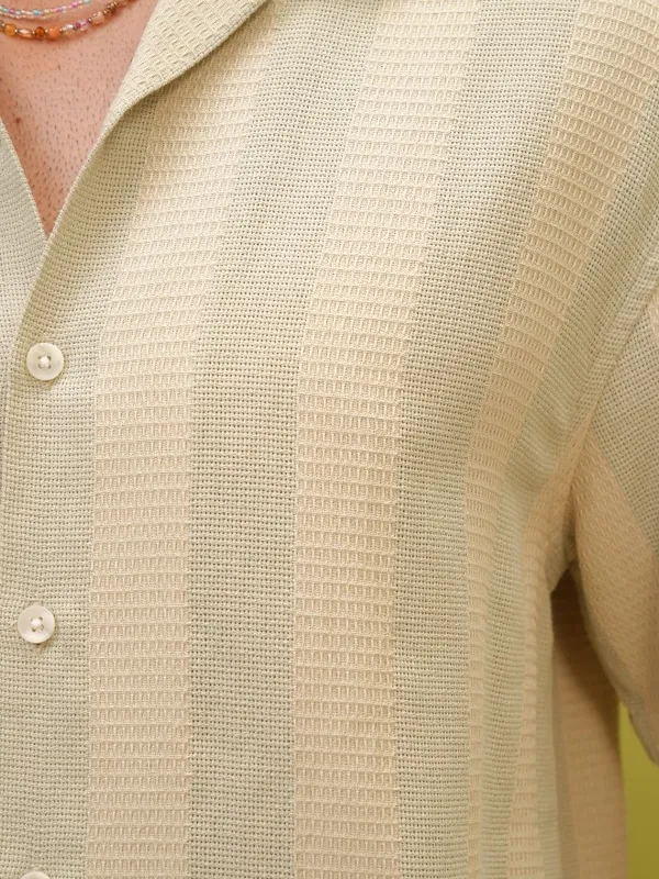 Locomotive Premium Men Beige Striped Oversized Fit Casual Shirt